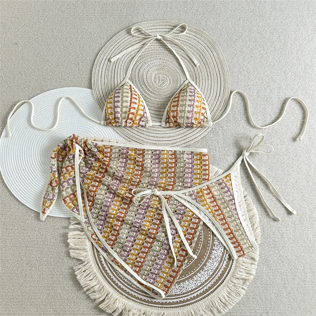 Mit Sarong-Halter, farbenfrohem Bikini, Damen-Badebekleidung, dreiteiligem Bikini-Set, gepolstertem Badeanzug, Badeanzug, Schwimmbekleidung V7597 – Detail 13