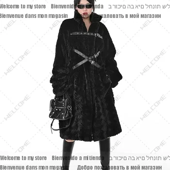 Inverno feminino gola estilo punk jaqueta fofa legal longo solto casual macio grosso quente preto fuzzy casaco de pele do falso