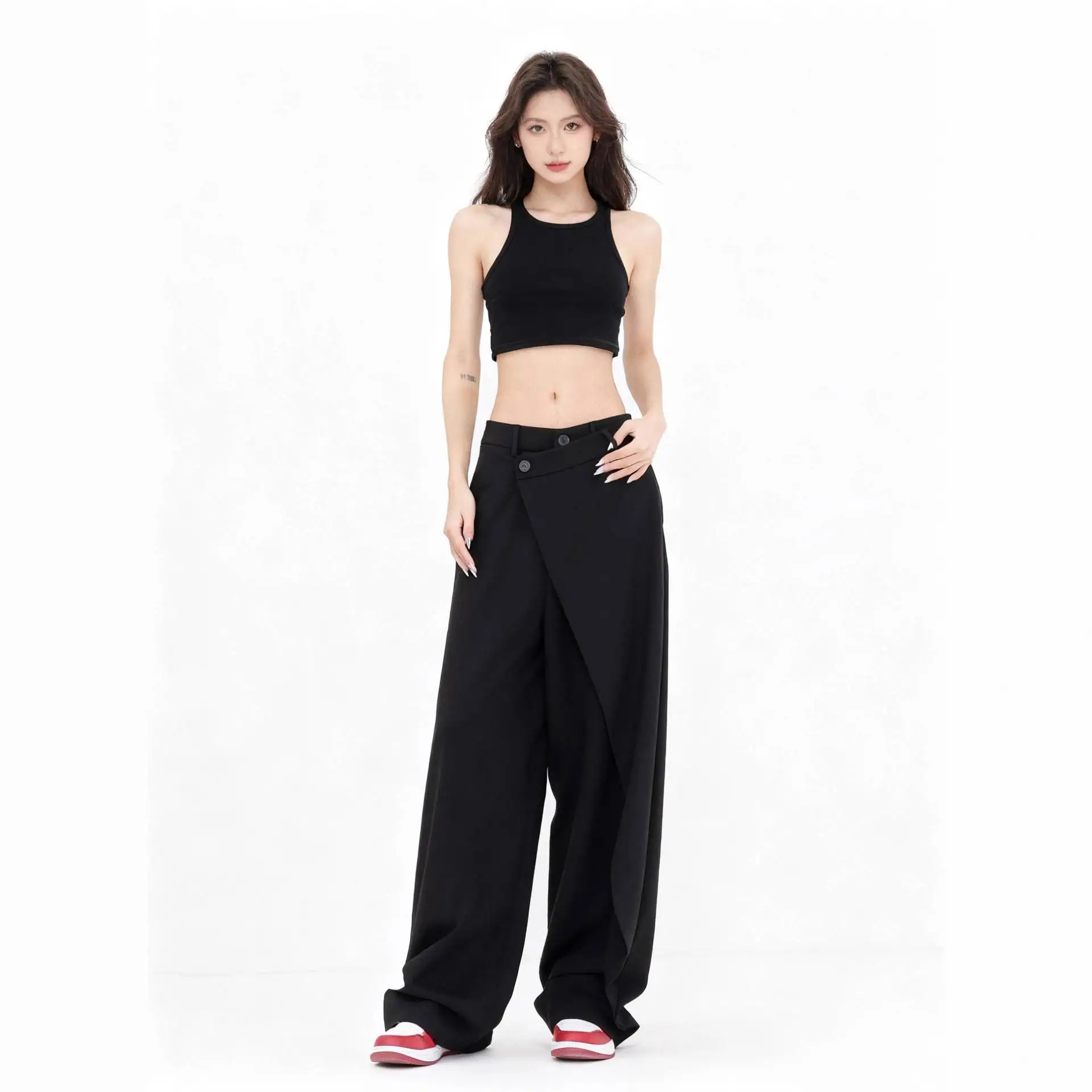New Black Suit Pants Asymmetric Splicing American Design Slim Straight Casual Long Trousers for Women High Waist Polyester