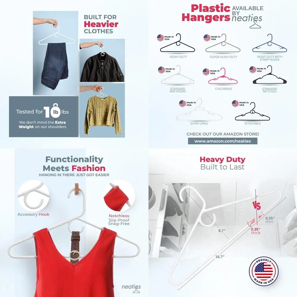 

Набор из 50 прочных пластиковых вешалок для взрослой одежды - надежная поддержка для брюк, пальто, джинсов - сделано в США - белые и серые