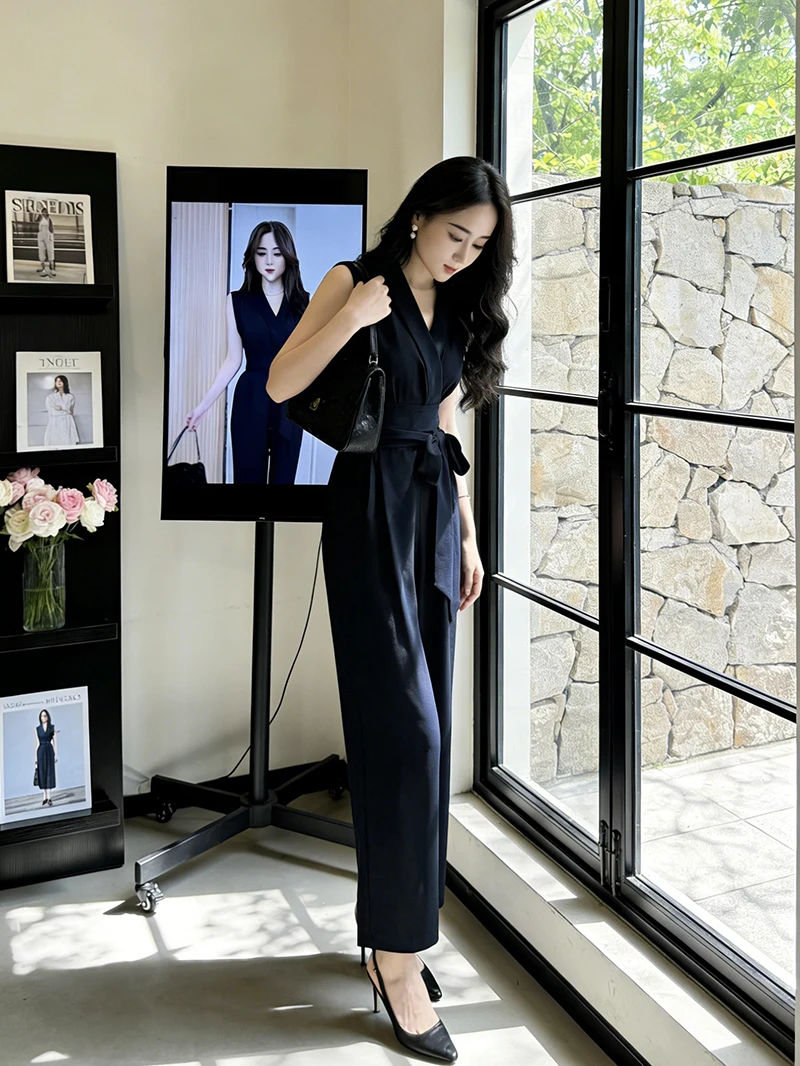 Elegant Black One-Piece Summer Casual Women's Pantsuit High Waist Wide Leg Comfortable Fashionable Sleeveless High-End Feeling