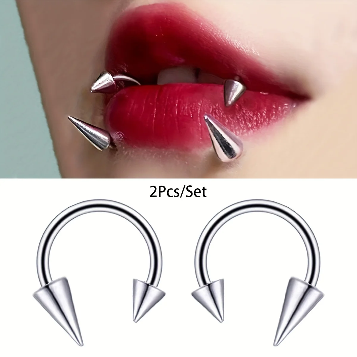 2pcs Stainless Steel Pointed Cone C-Shaped Double Pointed Teeth Lip Nails Stud Ring Punk Style Body Piercing Jewelry