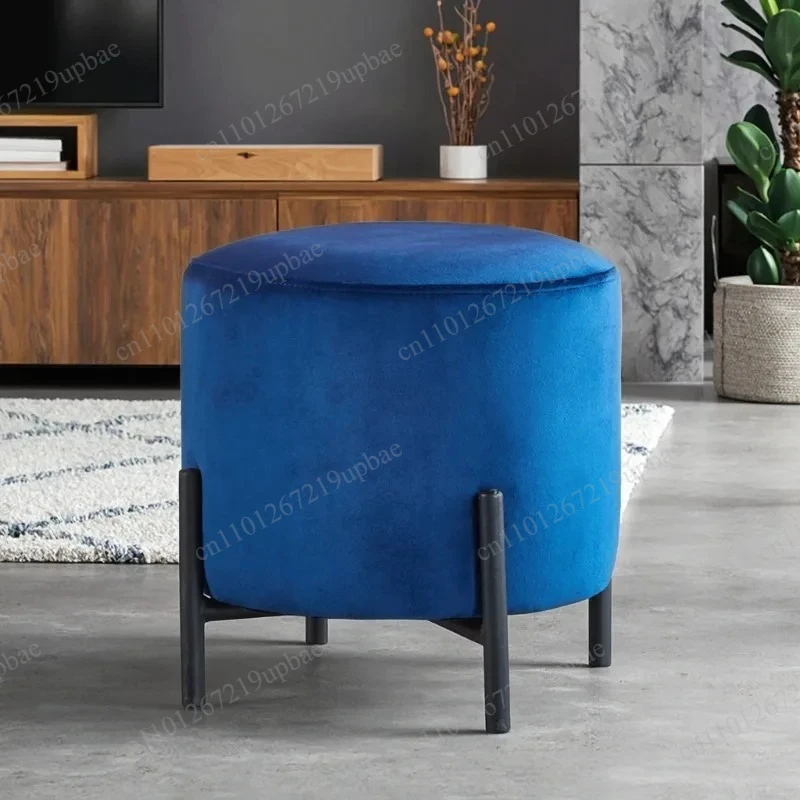 Luxury Tufted Round Velvet Stool Metal Legs Upholstered Footrest Living Room Shoe Changing Stool Space Saving Furniture