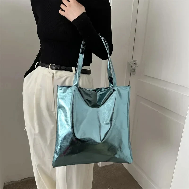 Fashion High Capacity Glossy Tote Bags for Women Shopping Pouch PU Leather Handags Shiny Casual Female Purse Girls Shoulder Bag