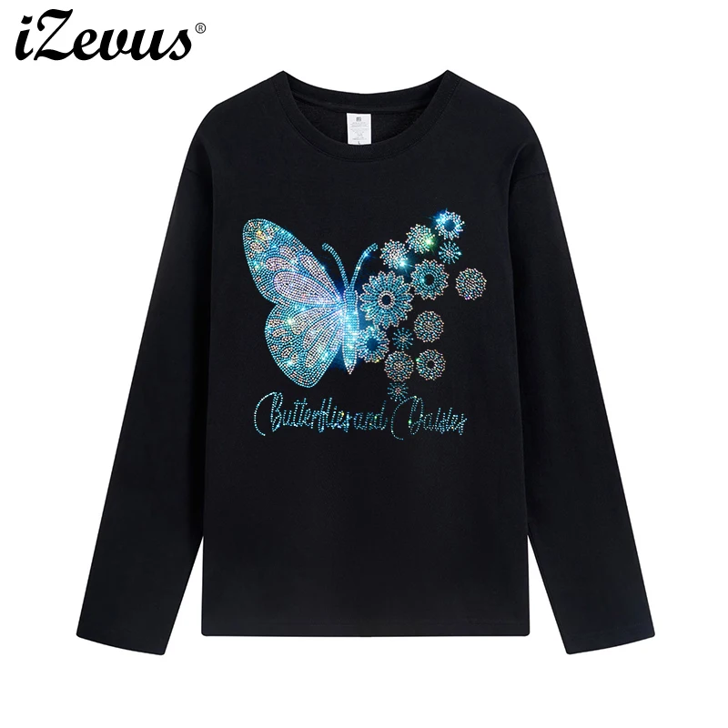 New shiny butterfly flower T-shirt ladies spring and fall long-sleeved casual bottoming T-shirt high-quality cotton fabrics