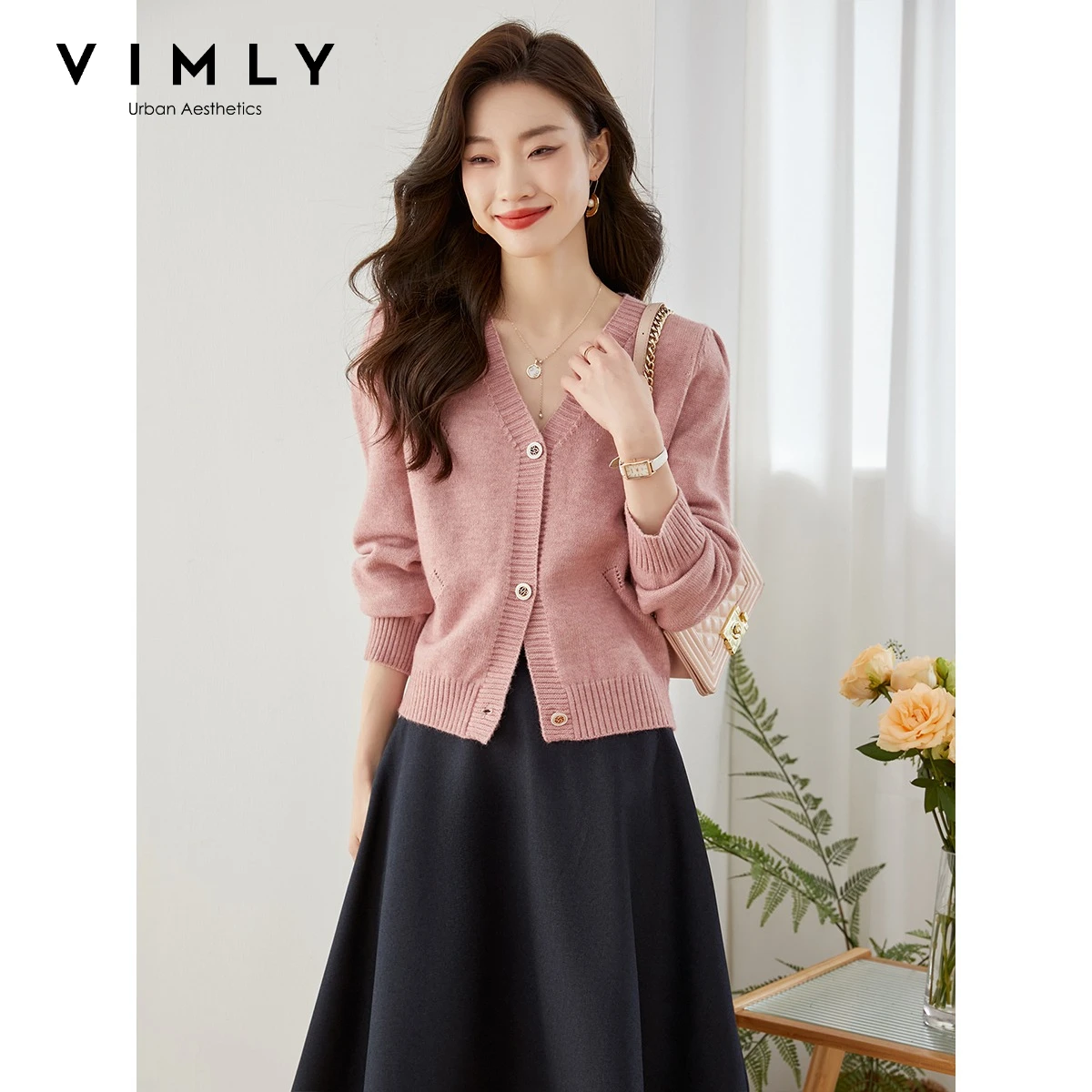 VIMLY Women's Pink V-neck Cardigan 2026 Fall New French Elegant Sweaters Sweet Fashion Long Sleeve Knitted Tops Female 72508