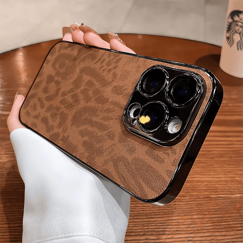 Luxury Leopard Print Leather Texture TPU Case For iPhone 16 15 14 Plus 13 12 11 Pro Max Plating Shockproof Lens Protection Cover