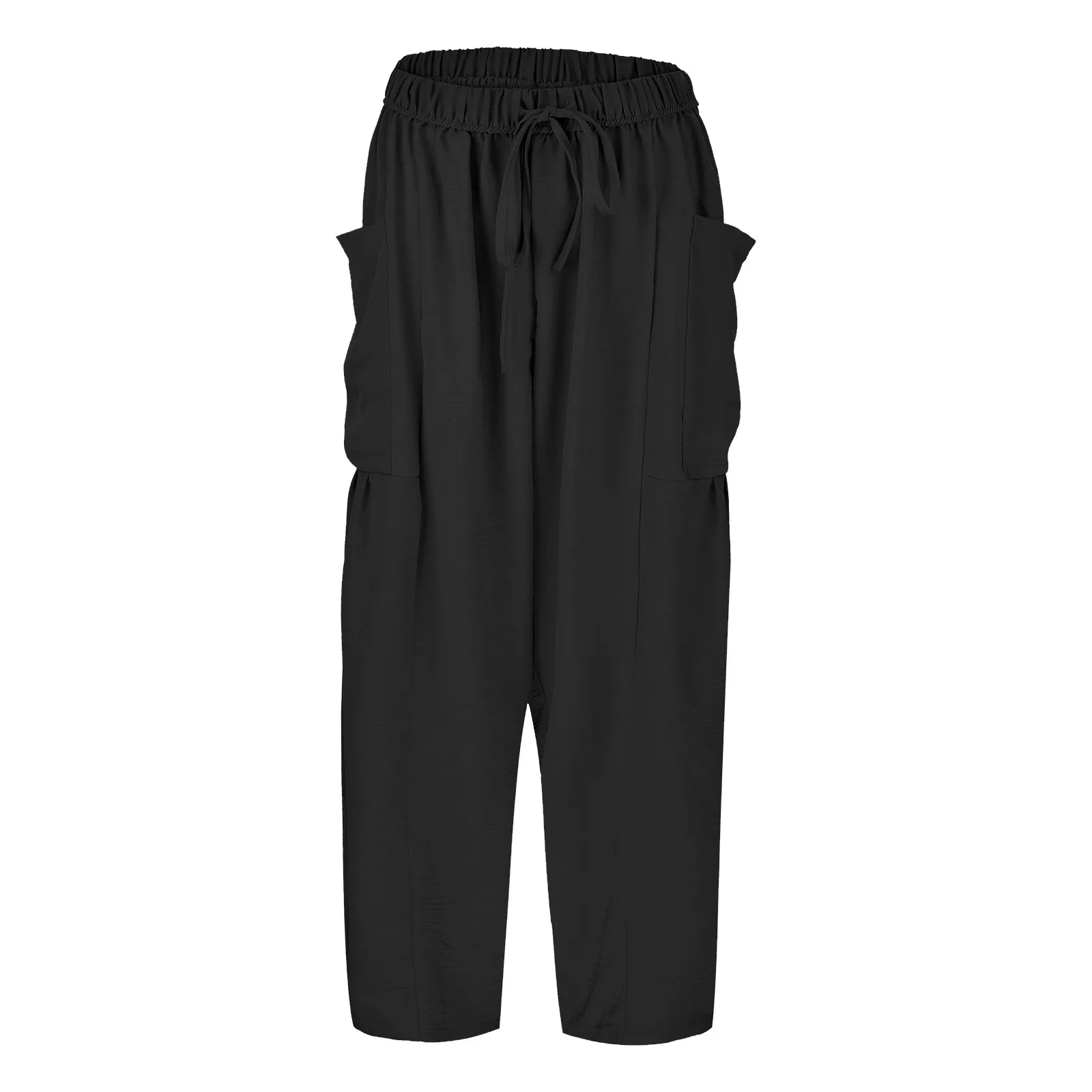 Frauen lose Baumwoll Leinen Mischhose mit Taschen 2024 Sommer hohe Taille Kordel zug Baggy Hose weites Bein gerade lange Hose