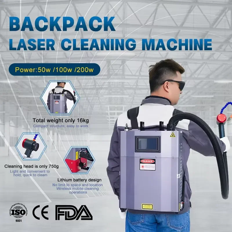 Backpack Cleaning Machine 50W 100W 200W Pulse Rust for Metal Surface Treatment Rust Paint Oil Dust Oxide Layer