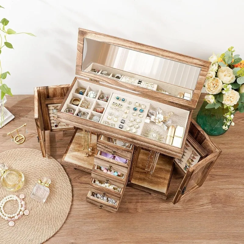 صندوق مجوهرات خشبي ريترو حلقة أقراط صناديق تخزين مرآة القلائد الكبيرة سوار عرض لوازم تغليف المجوهرات