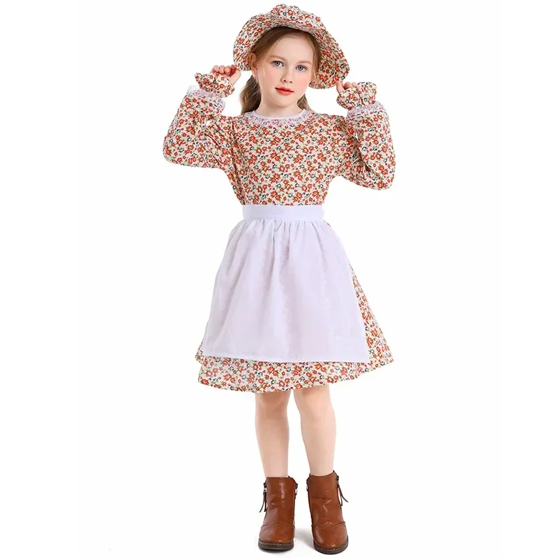 3 pçs/set floral colonial fazenda aldeia menina cosplay traje pioneiro pradaria vestido bonnet crianças meninas 4-16y adolescentes