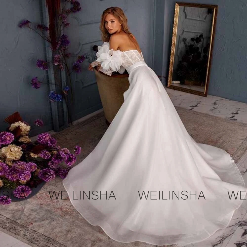 Luxury Wedding Dresses Women 2025 Satin A-line Wedding Party Dresses White Off-the-shoulder Lace Side Split Tiered Prom Dress