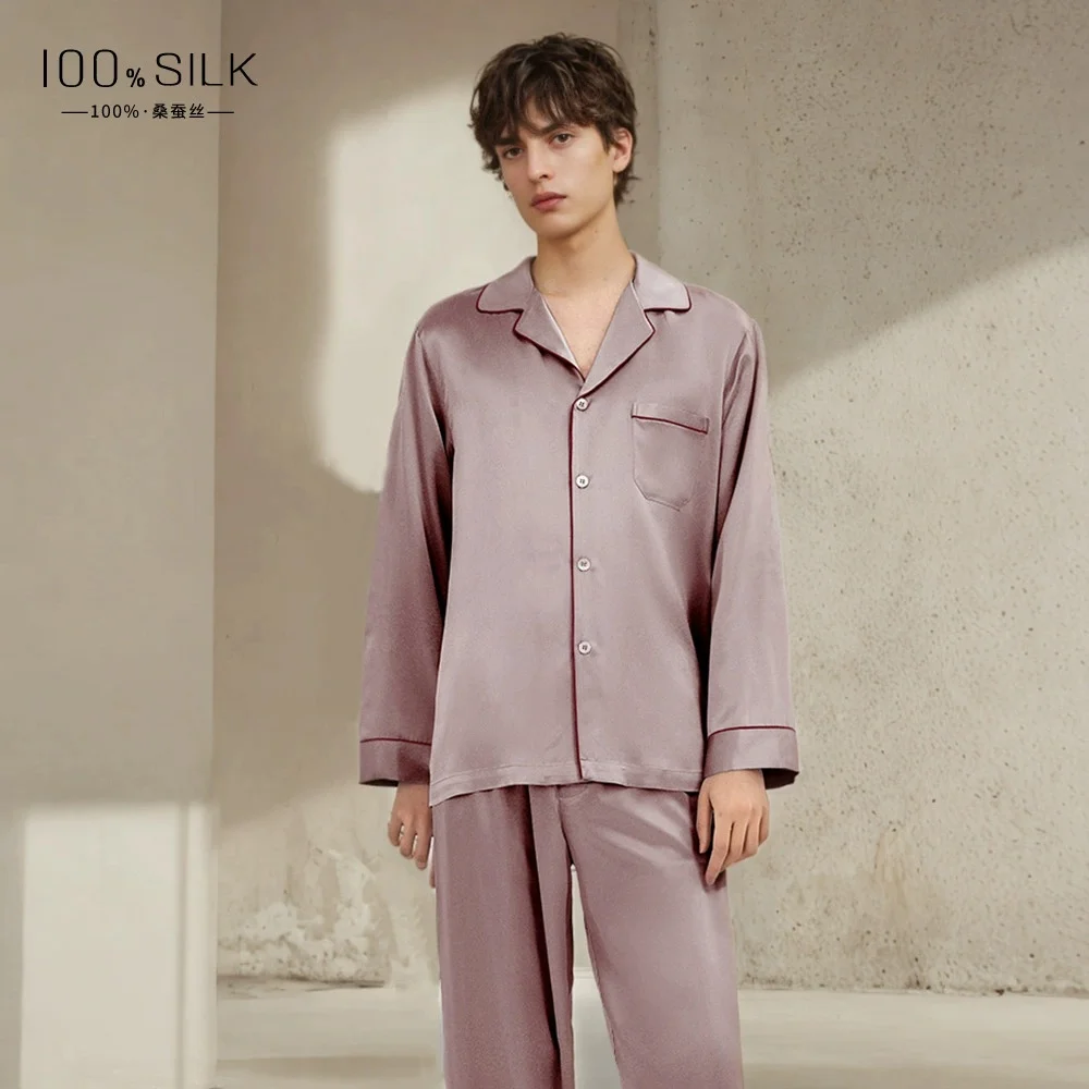 Nieuwe zomerstijl 19 Momme zwaargewicht zijden pyjama voor heren - 100% moerbeizijde met lange mouwen en lange broek Cool-feel loungewear