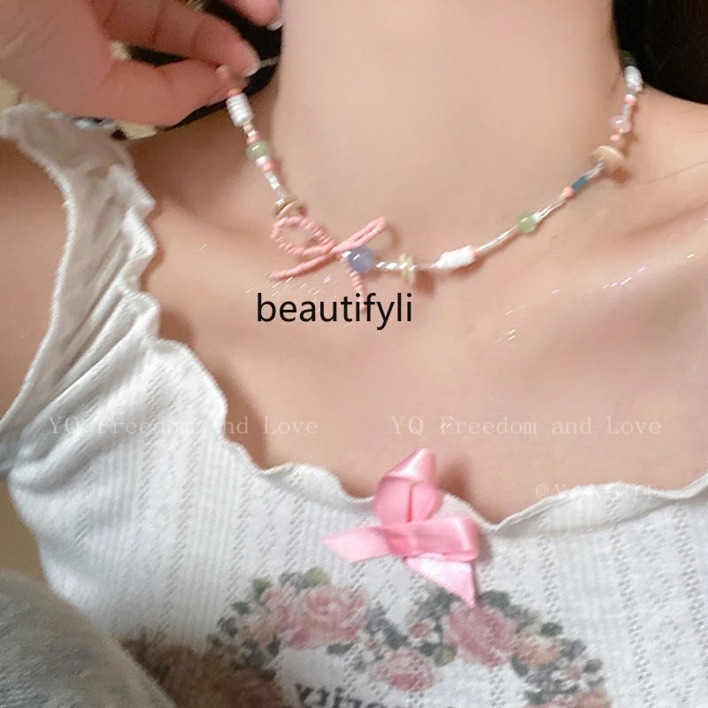 Colorful Rice-Shaped Beads Stringed Beads Bow Necklace Accessories Female Summer Cute Niche Sweet Clavicle Chain Necklace