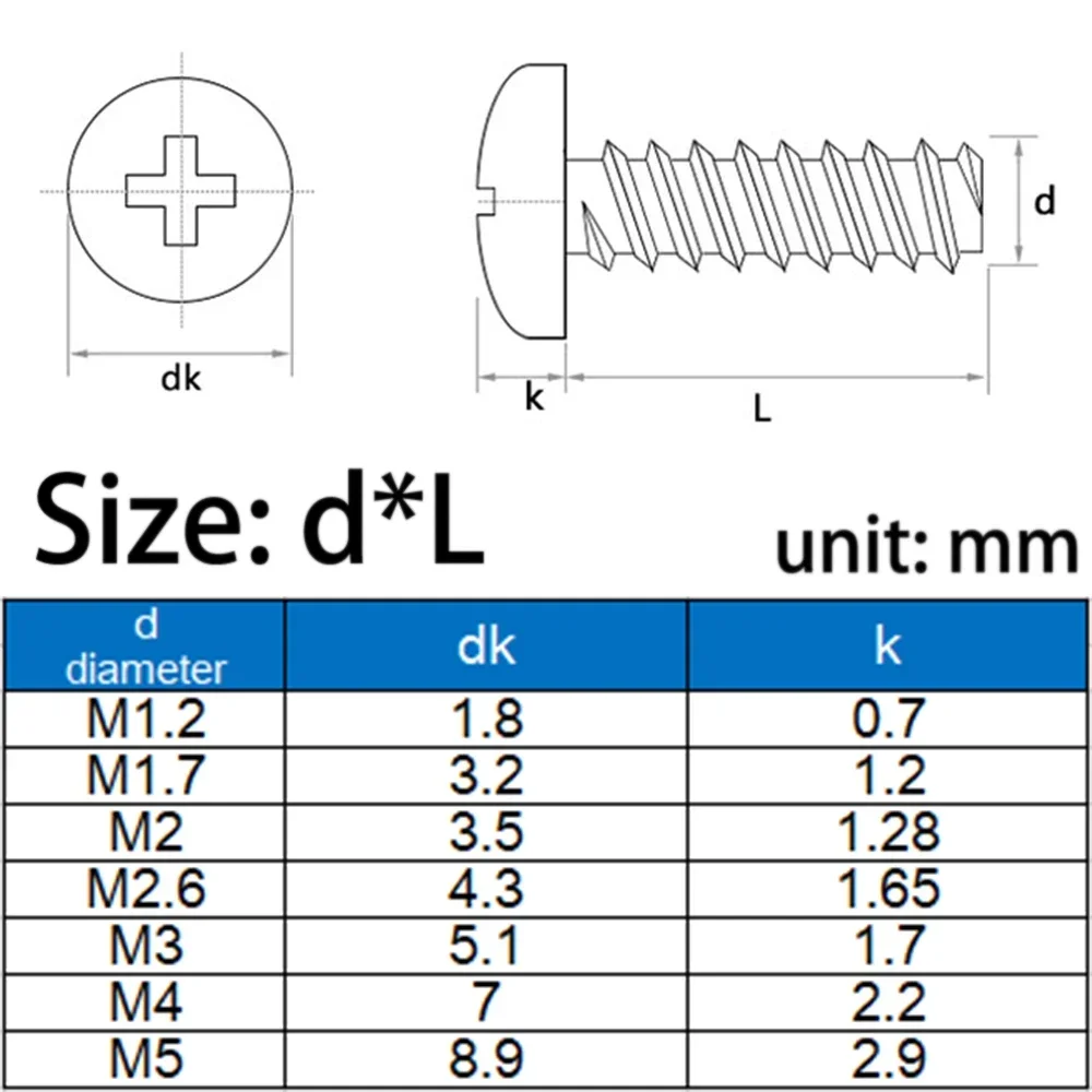 30/50/100pcs M1.2~M5 Grade 4.8 Carbon Steel Phillips Cross Recessed Round Head Self-tapping Flat Tail Screws