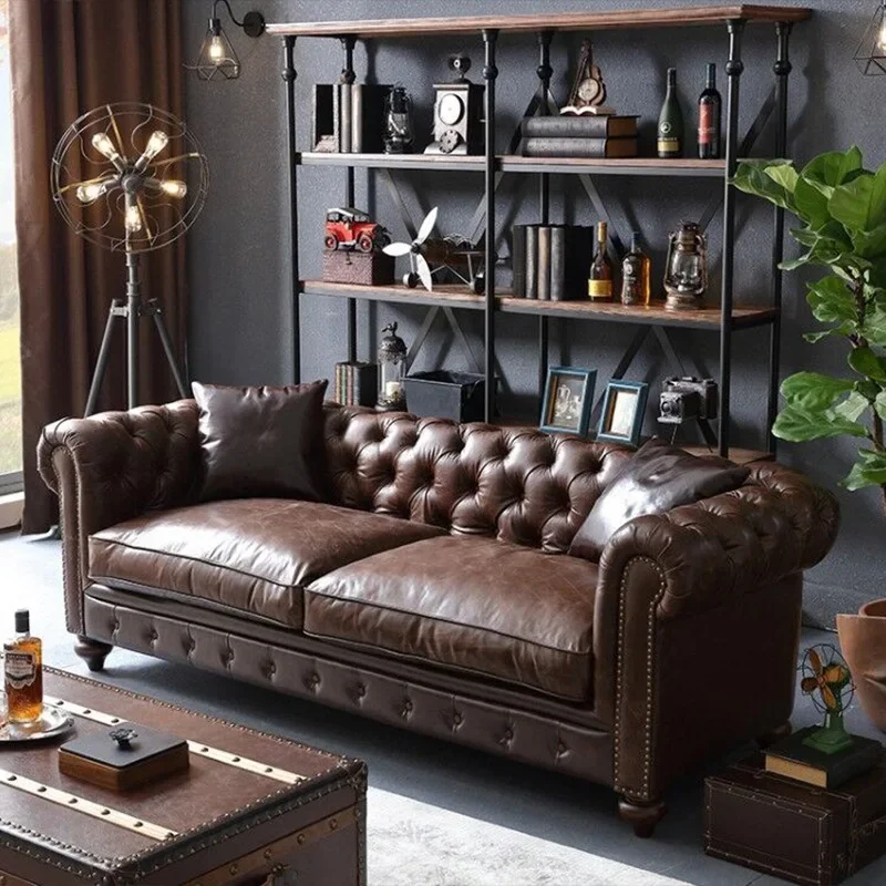 American classic leather sofa, rural retro, oil wax leather European style, small apartment for three people, living room hotel
