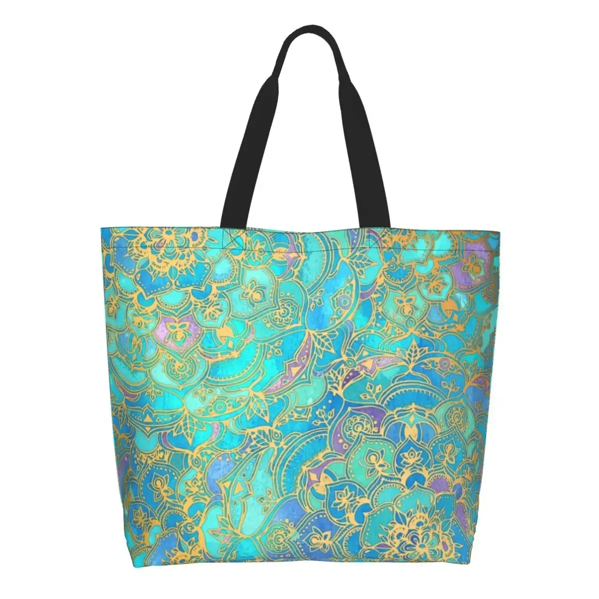 Sapphire Jade Stained Glass Mandala Shopping Canvas Bag Women Reusable Big Capacity Groceries Bohemian Boho Shopper Tote Bags