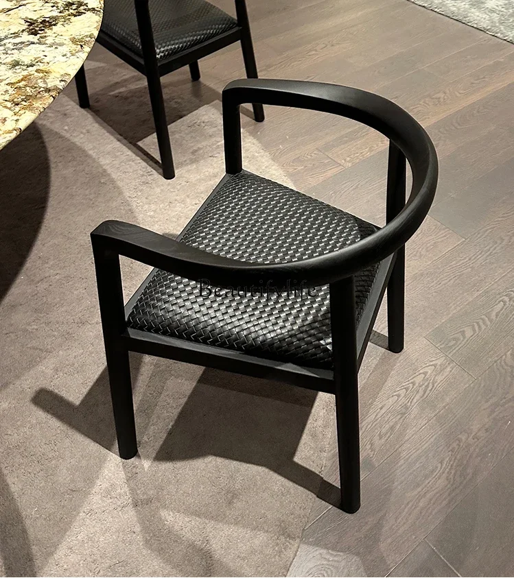 

pg45High-End Italian Solid Wood Leather Nordic Armrest Dining Chair with Backrest Chinese Tea Chair Black