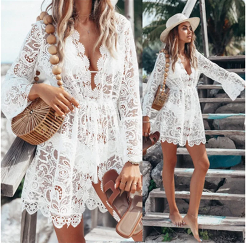 2024 summer explosive bikini smock sexy V-neck sunblock lace beach dress