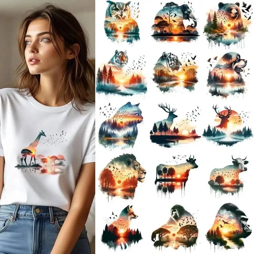 25CM Fine Animal Forest Landscape Silhouette Transfer Patches For Clothes DIY A-Level Washable Shirt Iron-on Thermal Stickers