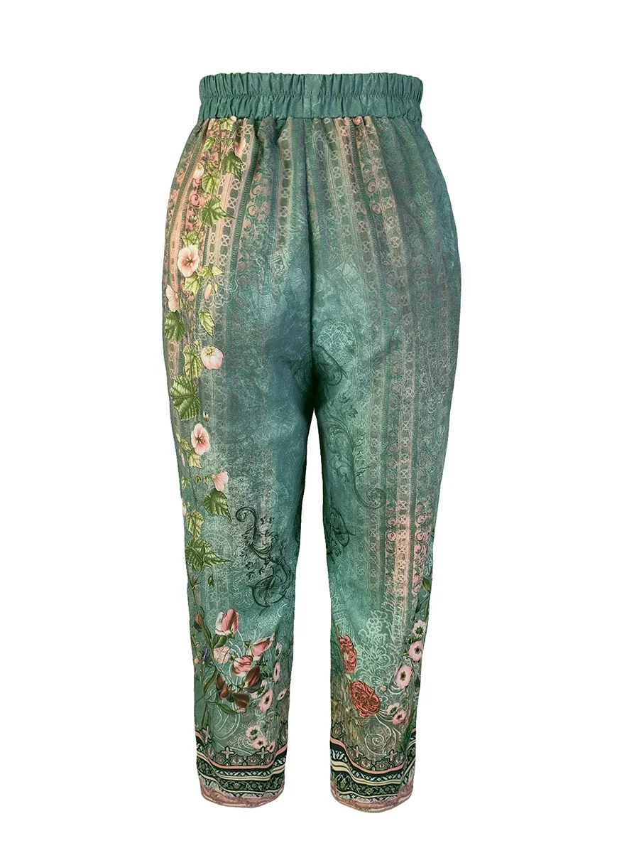 Hose mit hoher Taille, Blumenmuster, weitem Bein, für Damen, lässige, lockere Passform, elastischer Bund mit Taschen, Boho-Stil, unregelmäßiger Saum. – Detail 5