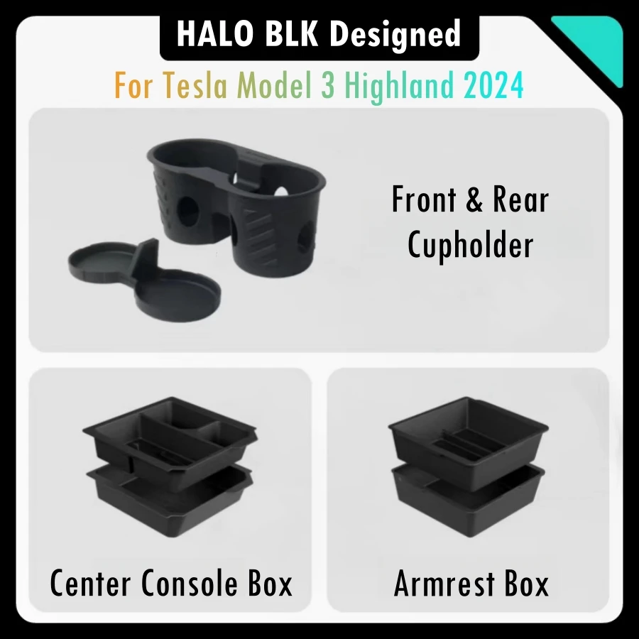 

HALO BLK For Tesla Model 3 Highland 2024 Center Console Organizer Tray Two-Tier Removable Armrest Console Organizer Cupholder