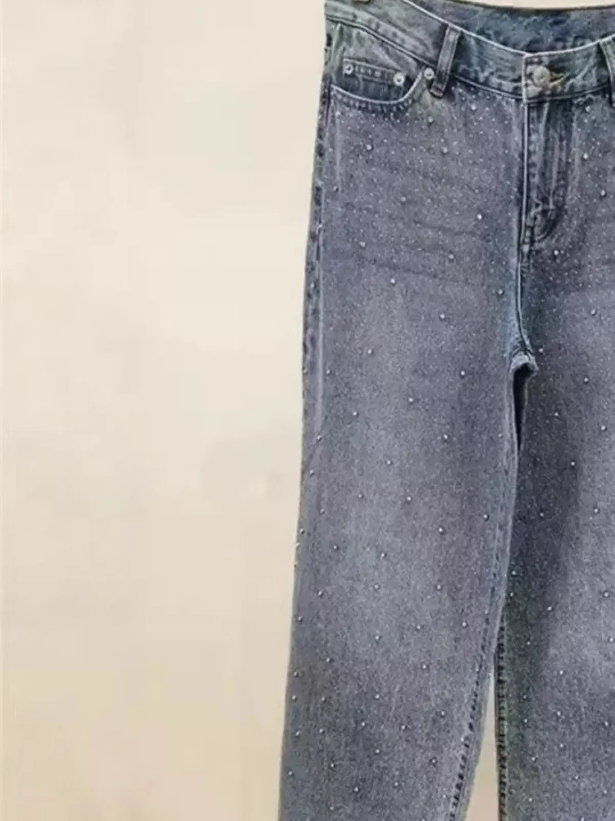 

Spring/Summer Women High Waist Rhinestone Straight Washed Denim Pants Pocket Loose Fashion Casual Wide Leg Jeans