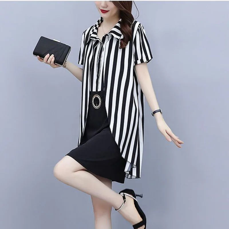 Summer New Loose Fake Two-piece Elegant Dress Ladies Chiffon Stripe Stitching Slim Slimming Casual Skirt Female Tide.