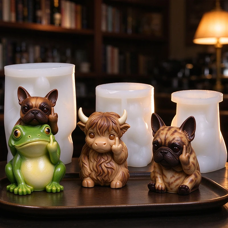3D Funny Middle Finger Bulldog Highland Cow Frog Turtle Animal Silicone Mold Candle Ornament Craft Aroma Mould Home Decor Gift