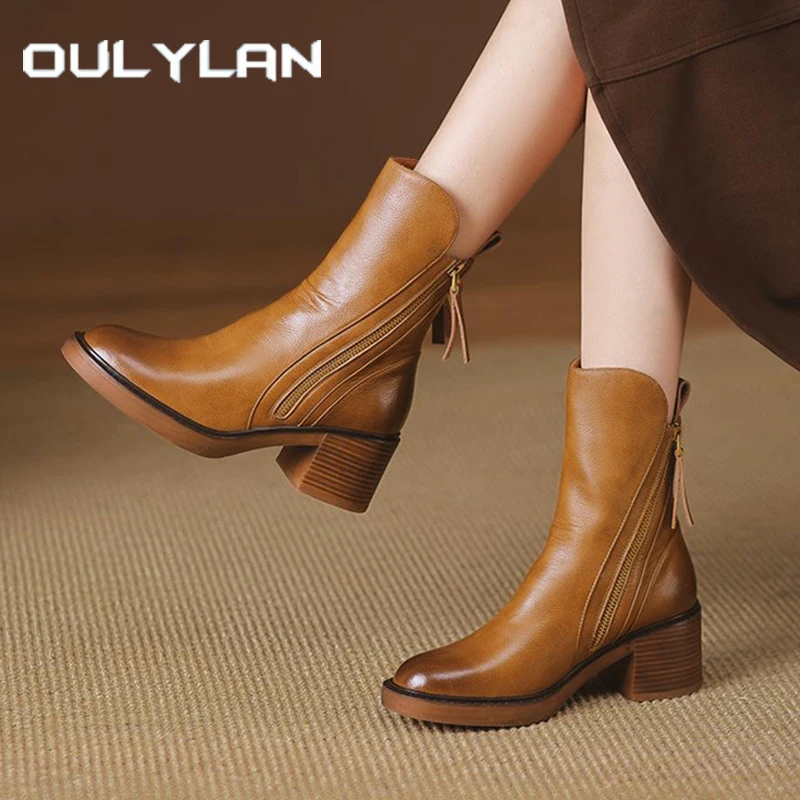 

Oulylan Autumn Thick Heel Short Boots Side Zipper High Heels Shoes Retro Round Toe PU Boot Classic Pure Color Women Footwear