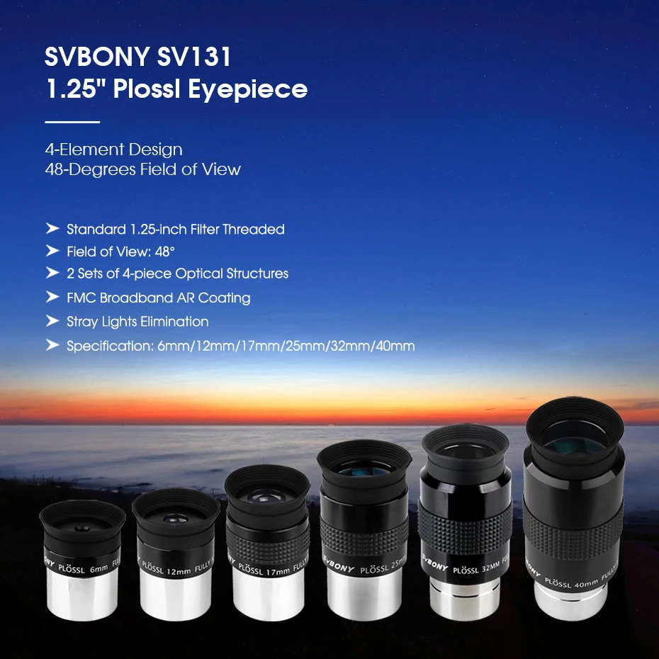 Svbony sv131 Okular 1.25 "(plossl) pl Teleskop Okular 6/12/17/25/32/40mm 4-Element-Design 48-Grad-Sichtfeld – Detail 3