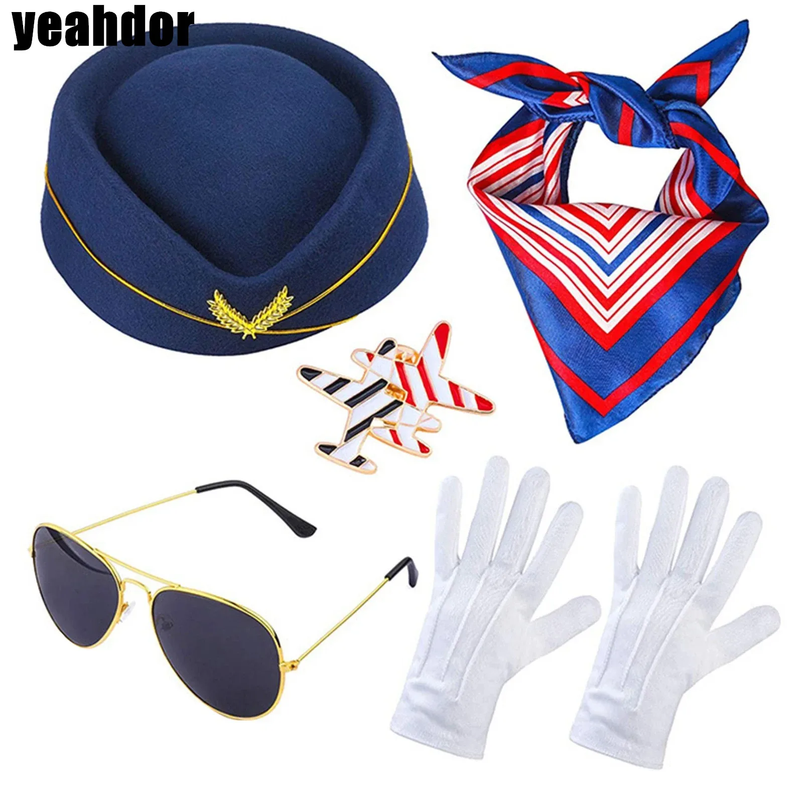 

Stewardess Role Play Costume Accessories Set Flight Attendant Hat Striped Scarves Sunglass Gloves Airplane Brooch for Halloween