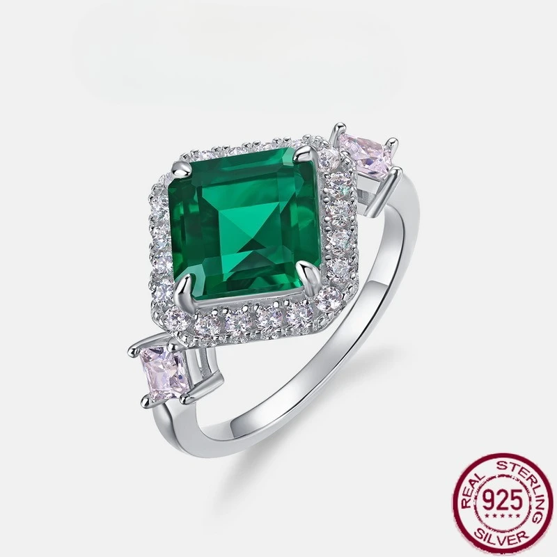 

New S925 pure silver geometric cultivation emerald full set color diamond retro finger ring light luxury fashion wedding jewelry