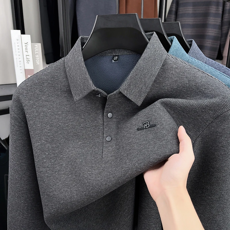 

Premium trend brand men's long sleeve polo shirt thicken warm new luxury exquisite letter embossed comfort casual lapel T-shirt