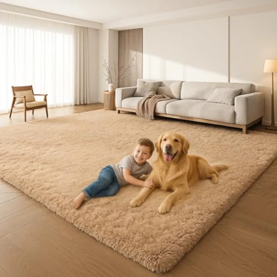 

6x9 Rugs for Living Room and Bedroom: Plush Fluffy Carpet with Non-Slip Upgrade in Beige Color Ideal for ' Dorm Home Decor Aest