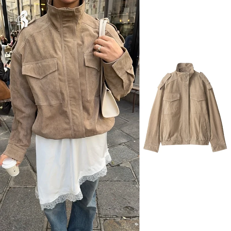 

Khaki Suede Work Jacket Stand Collar Multi Pocket Loose Coat European And American Retro Trendy Womens Autumn And Winter Top
