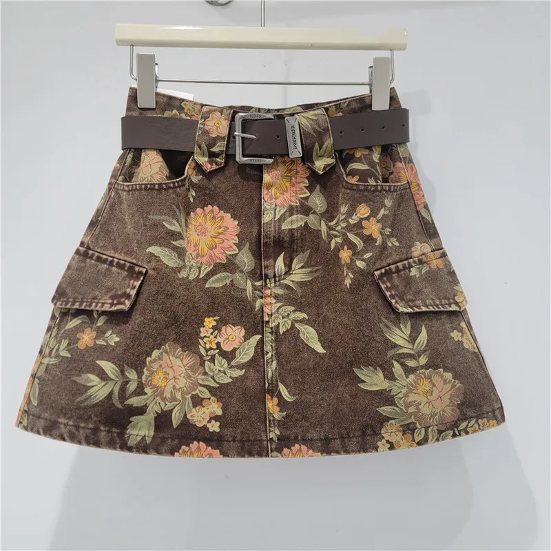 Summer Retro Printed Denim Skirt For Women American Casual Fashion 2026 New Floral Pattern High Waist A-line Short Skirts