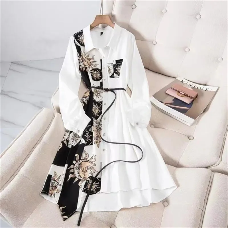 화이트 패션 레이스업 드레스 셔츠 드레스 자외선 차단 롱 싱글 브레스티드 셔츠 여성 드레스 프린트 스플라이싱 셔츠 블랙 탑