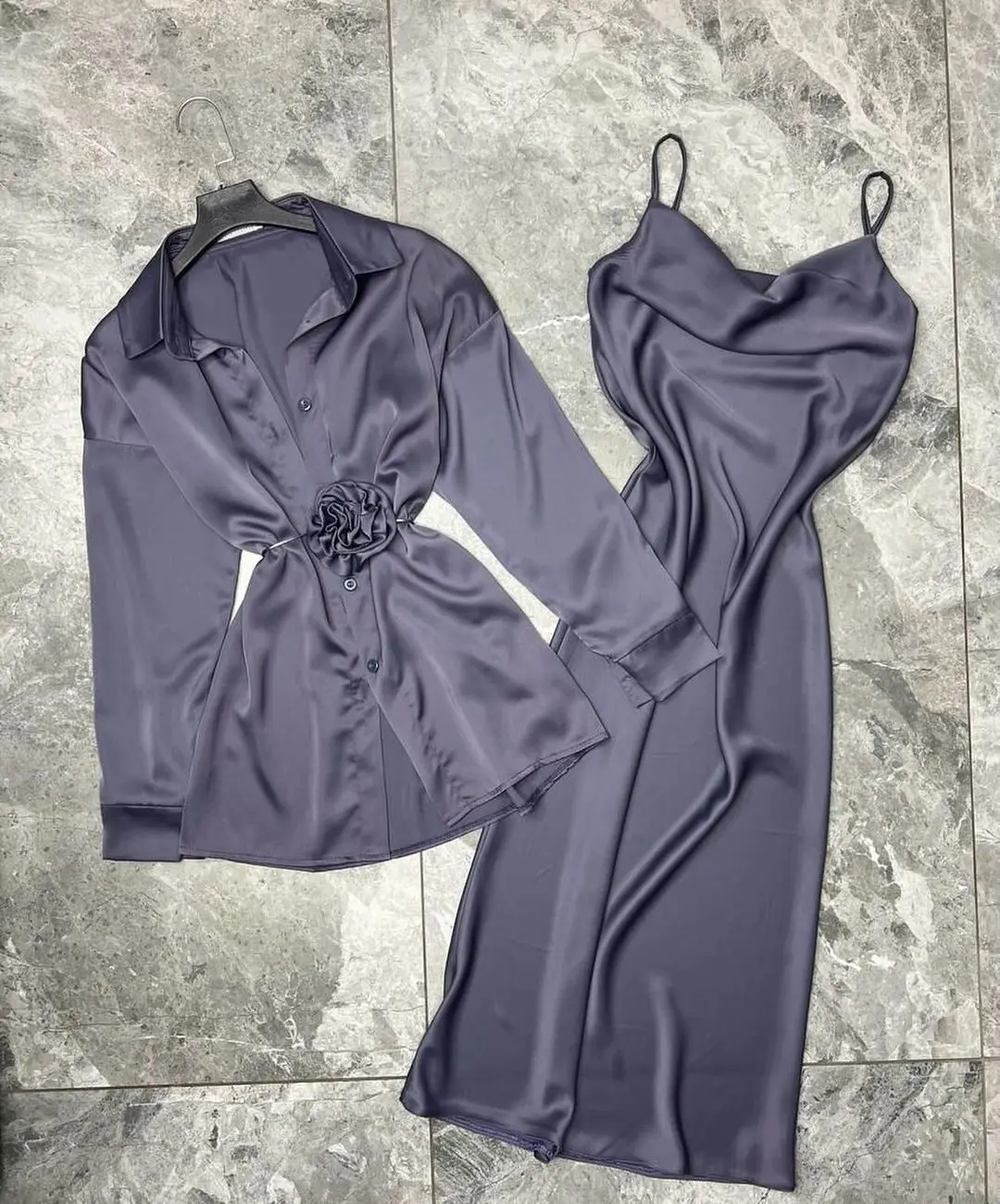 

Fashion casual suit Satin flower decorative strap shirt suspender skirt two-piece club clothing Vestidos