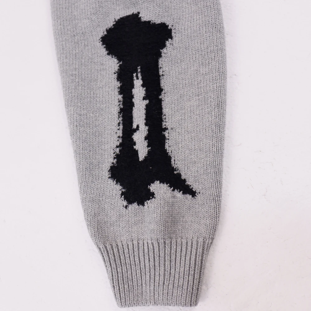 Kardigan Pria Street Wear V-Neck Rajut dengan Pola Tulang Gaya Hip Hop Sweater Rajut Kasual Katun Lengan Panjang
