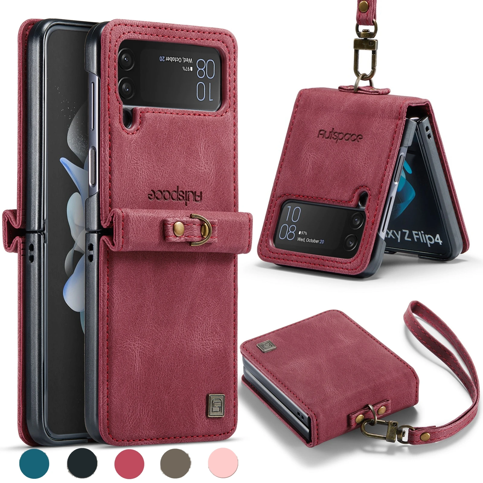 Folio Case for Samsung Galaxy Z Flip 6 4 5 5G Vintage Ultra Slim PU Leather Wrist Strap Hard PC Back Phone Skin Cover Coque Capa