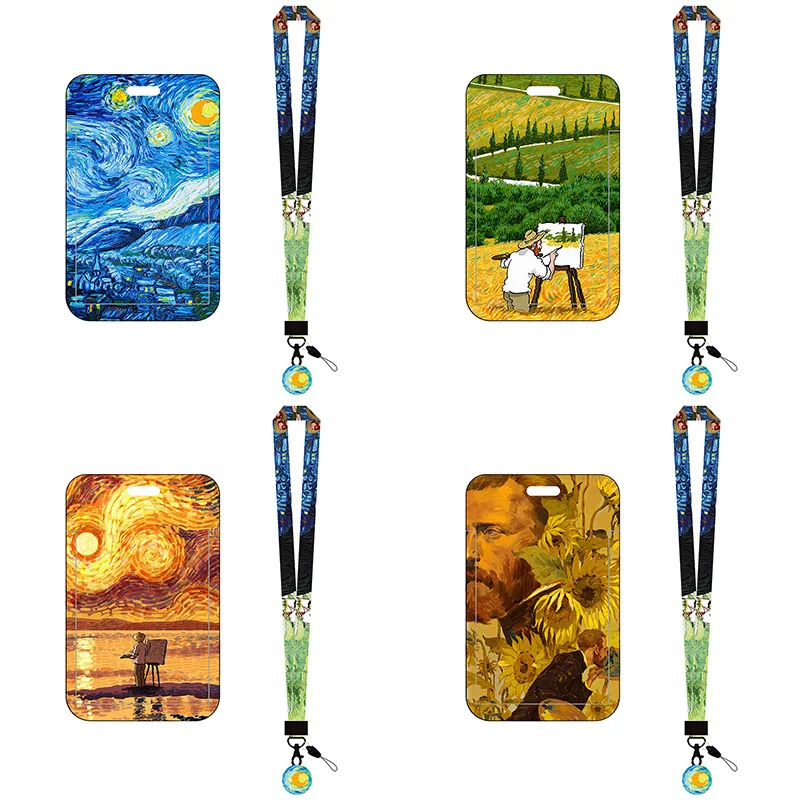 Creative Oil Painting Pattern Card Holder With Long Rope Lanyard For Campus Meal Card Factory Hang Tag Keychain ID Card Holder