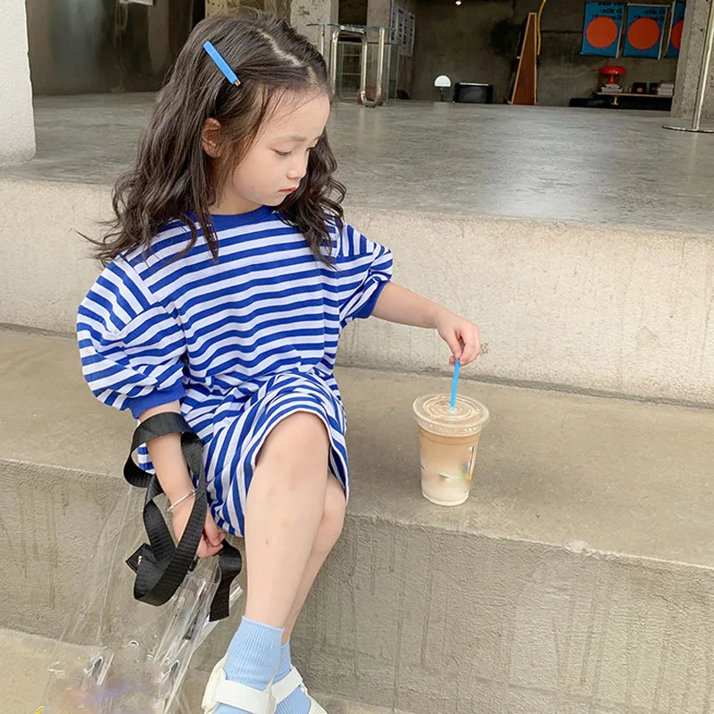 Girls T-Shirt Dress Striped Mid-Sleeve Long Top Sweater Dress 2022 Spring Summer New Fashion Casual Sports Children\'S Clothing