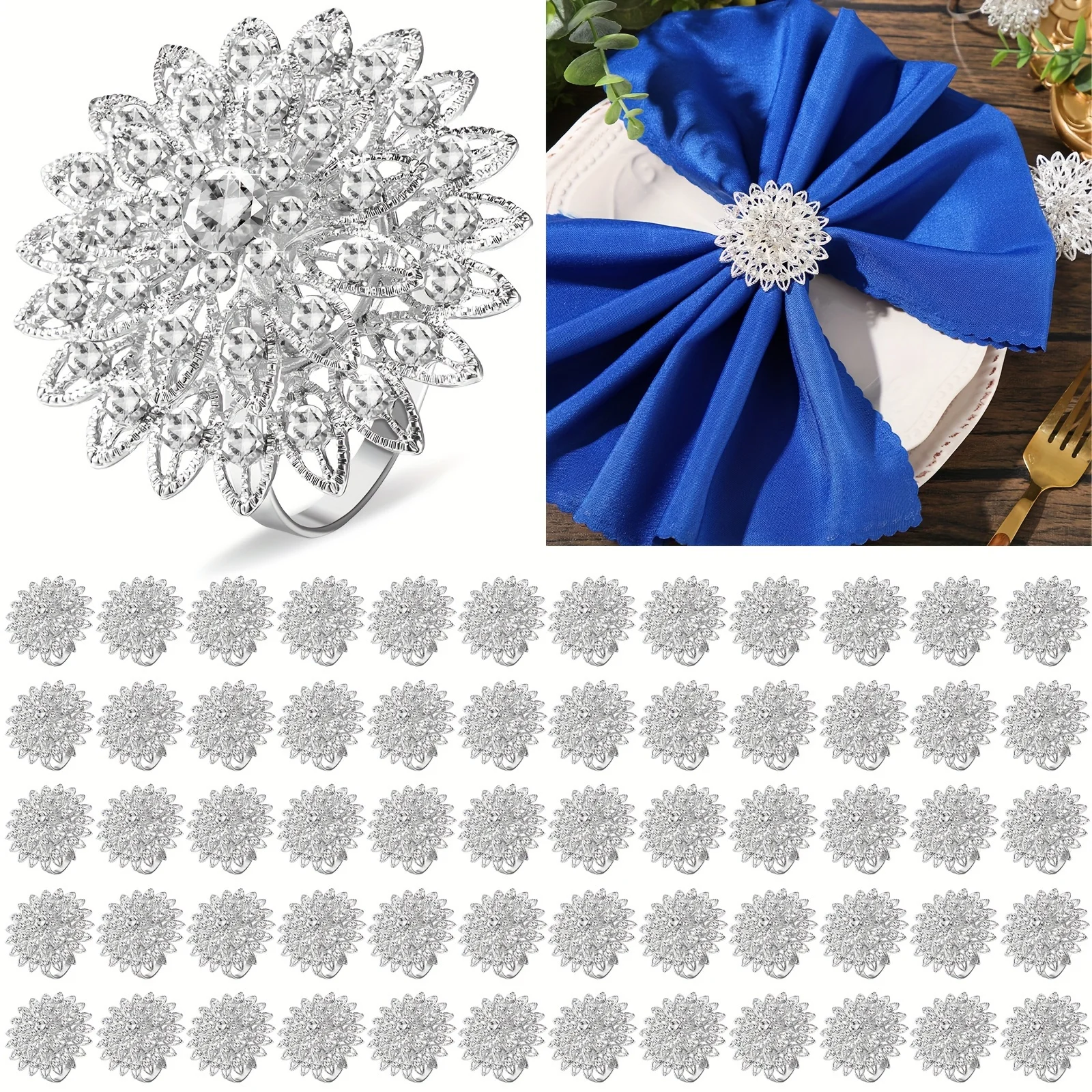 

72 Pcs Flower Napkin Rings Alloy Floral Rhinestone Napkins Rings Crystal Rhinestone Napkin Rings Holders For Wedding Birthday Christmas Dinner Party Home Table Decoration