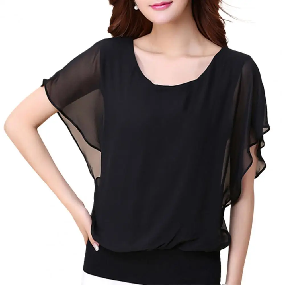 Camicetta di Chiffon donna Top tinta unita O collo Pullover manica a pipistrello con volant camicette Top estivo