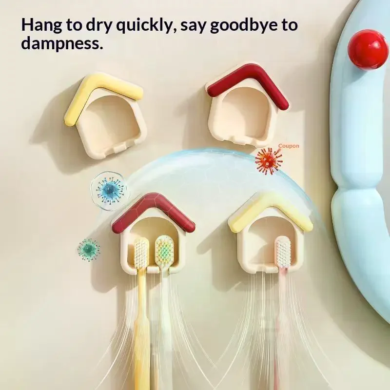 House Shaped Toothbrush Holder Punch Free Wall Mounted Holds 4 Toothbrushes Multifunctional Storage Rack for Bathroom