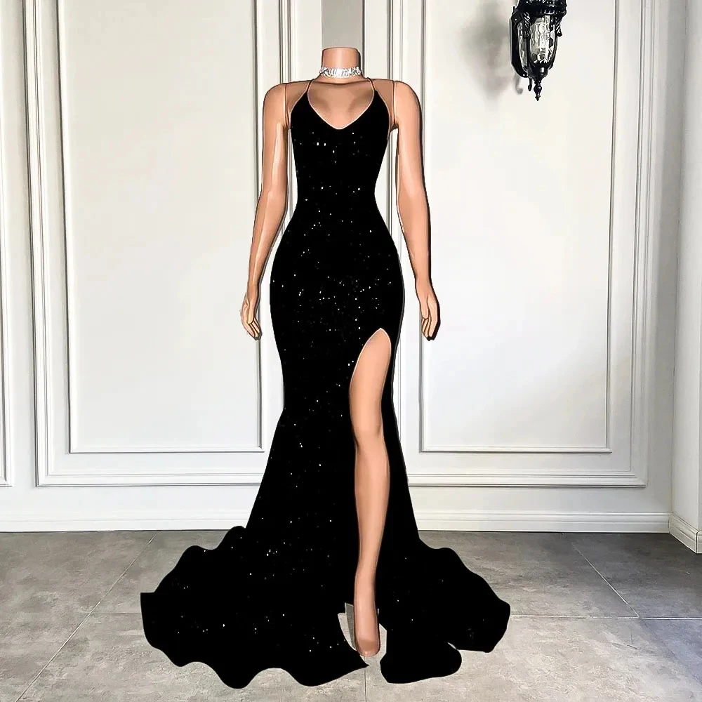 

Yipeisha Sexy Sparkly Mermaid Style Evening Dress Fitted High Slit Black Sequined Girl Backless Long Prom Dresses