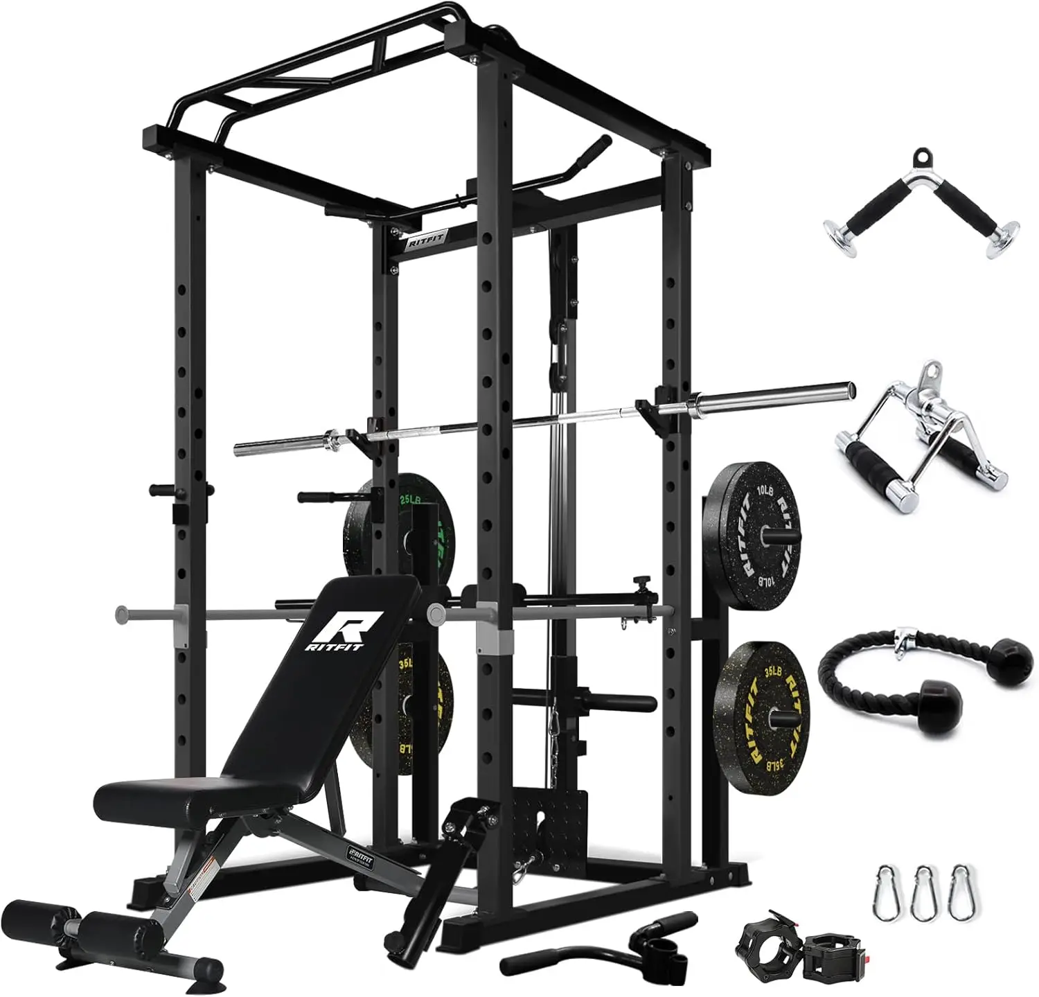 

RitFit Power Cage with Optional LAT PullDown/Cable Crossover/Smith Machine System, 1000LB Squat Rack for Home