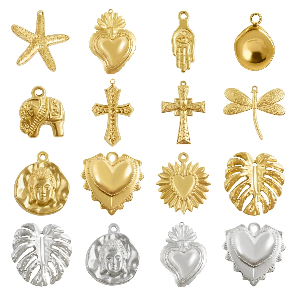 6pcs Starfish Peach Heart Dragonfly Metal Stainless Steel Charm Patron Saint Evil Eye No Fading Pendants DIY Jewelry Accessories