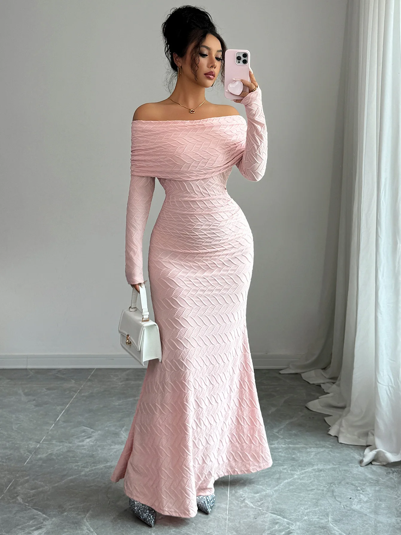 

Pink Off Shoulder Long Sleeve Mermaid Maxi DressTextured Fabric Elegant Evening Party Birthday Dresses Luxury 2025